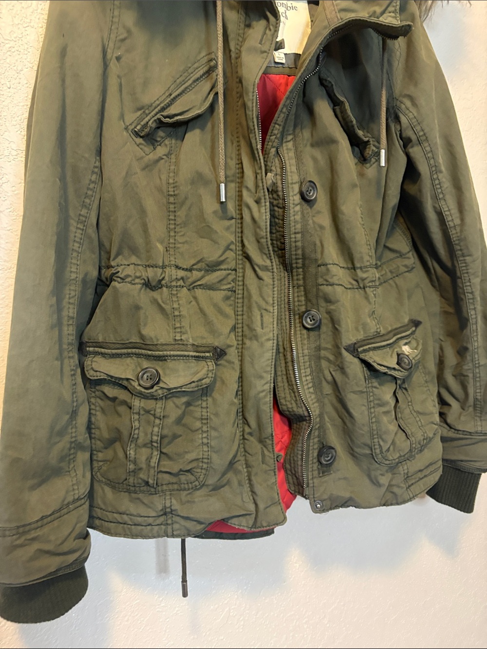 Abercrombie & Fitch Heavy Green Cotton Anorak Coat Faux Fur Hood Trim Large - Picture 4 of 6